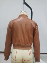 Casual Short Long-sleeved Solid Color Leather Jacket - WOMONA.COM