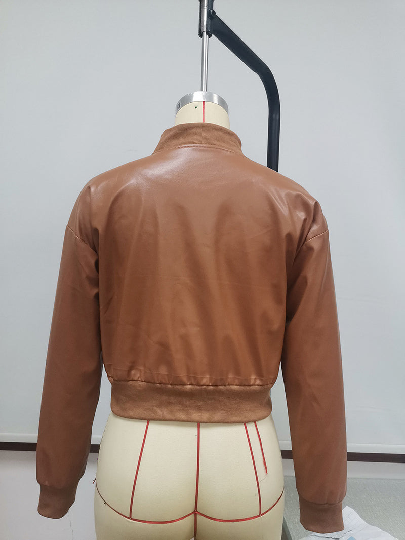 Casual Short Long-sleeved Solid Color Leather Jacket - WOMONA.COM