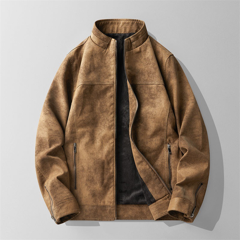 Brown stand-collar motorcycle jacket with front zipper and diagonal chest pocket panels