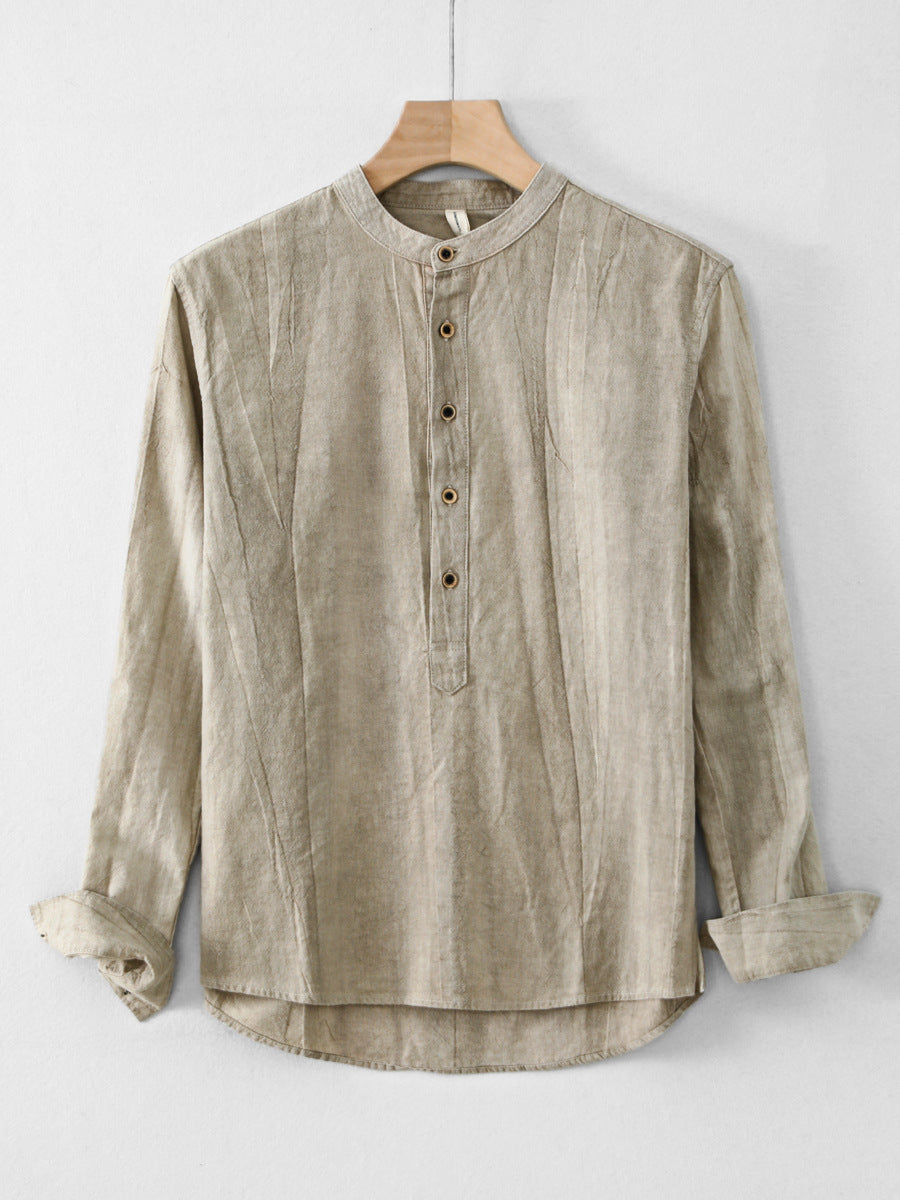 Apricot ramie casual shirt with stand collar and front button placket