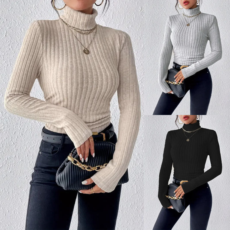 Apricot ribbed knit turtleneck long sleeve top with fitted silhouette