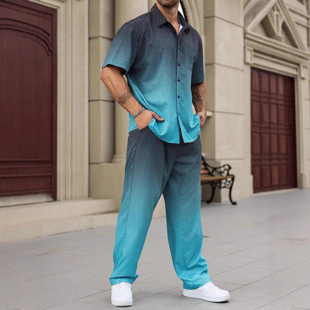 Men's short-sleeve gradient plant shirt and matching pants set, turquoise-blue