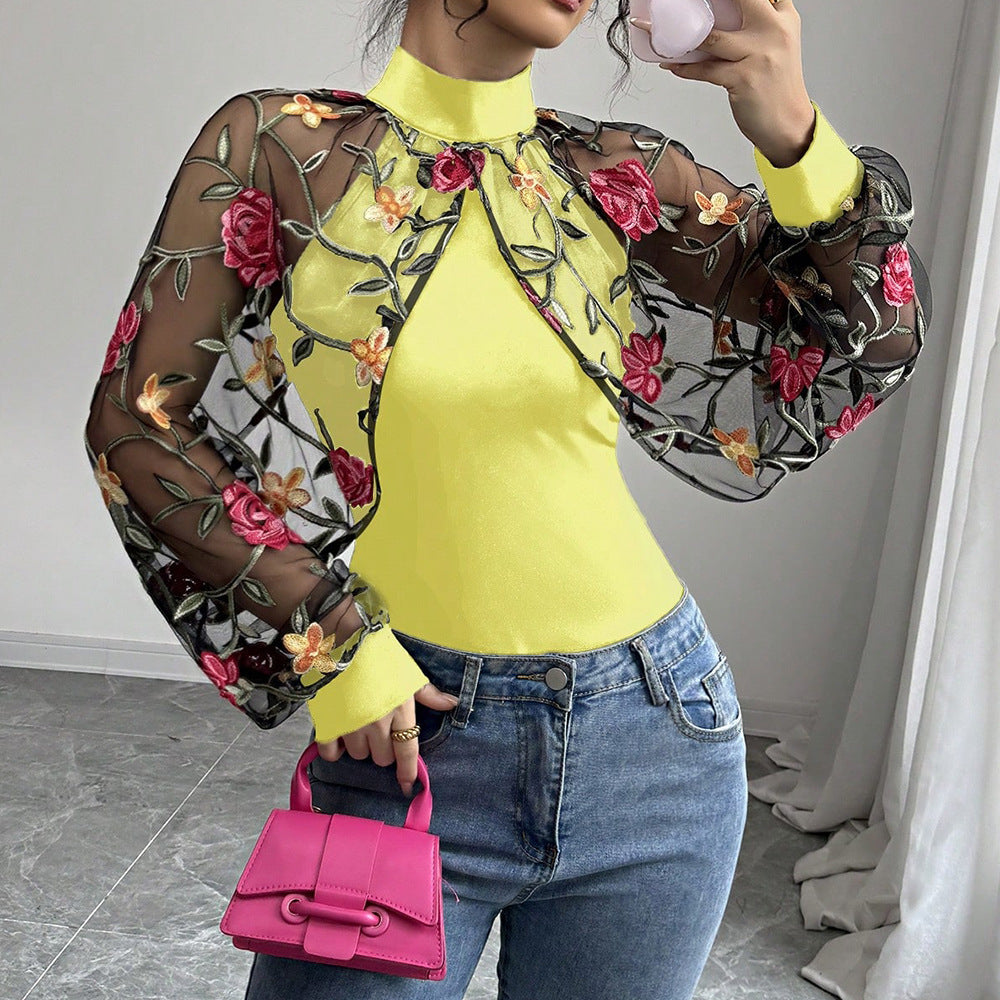 Yellow t-shirt with sheer lace sleeves and floral embroidery, long sleeves, high neck