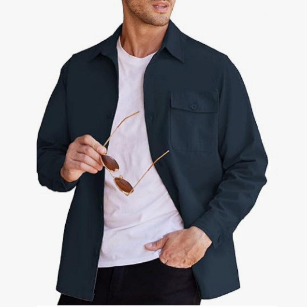 Men's long sleeve button-up shirt in dark navy/black with chest pocket and collar