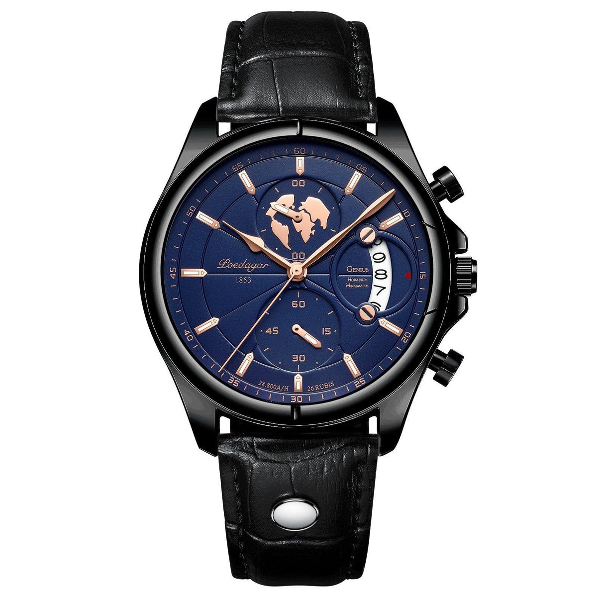 Men's waterproof quartz watch with dark case, black leather strap, and blue dial