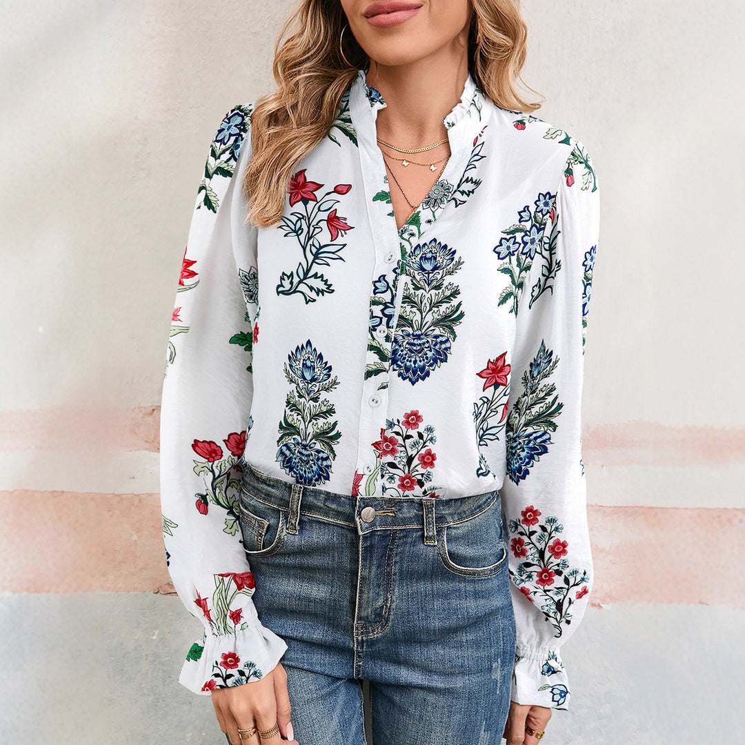 Women's chiffon blouse in white with multicolor floral print, button-front
