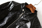 Black Bright Leather PU Short Motorcycle Leather Jacket - WOMONA.COM