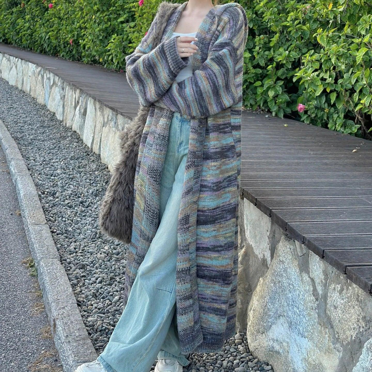 Multicolor striped hooded sweater coat with belted waist and fuzzy side fringe