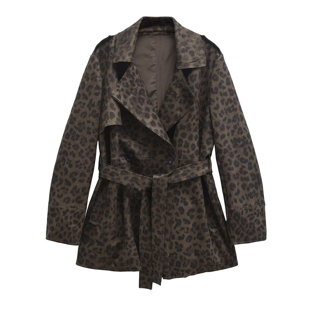 Women's Leopard Print Lapel Closing Belt Long Sleeve Coat - WOMONA.COM