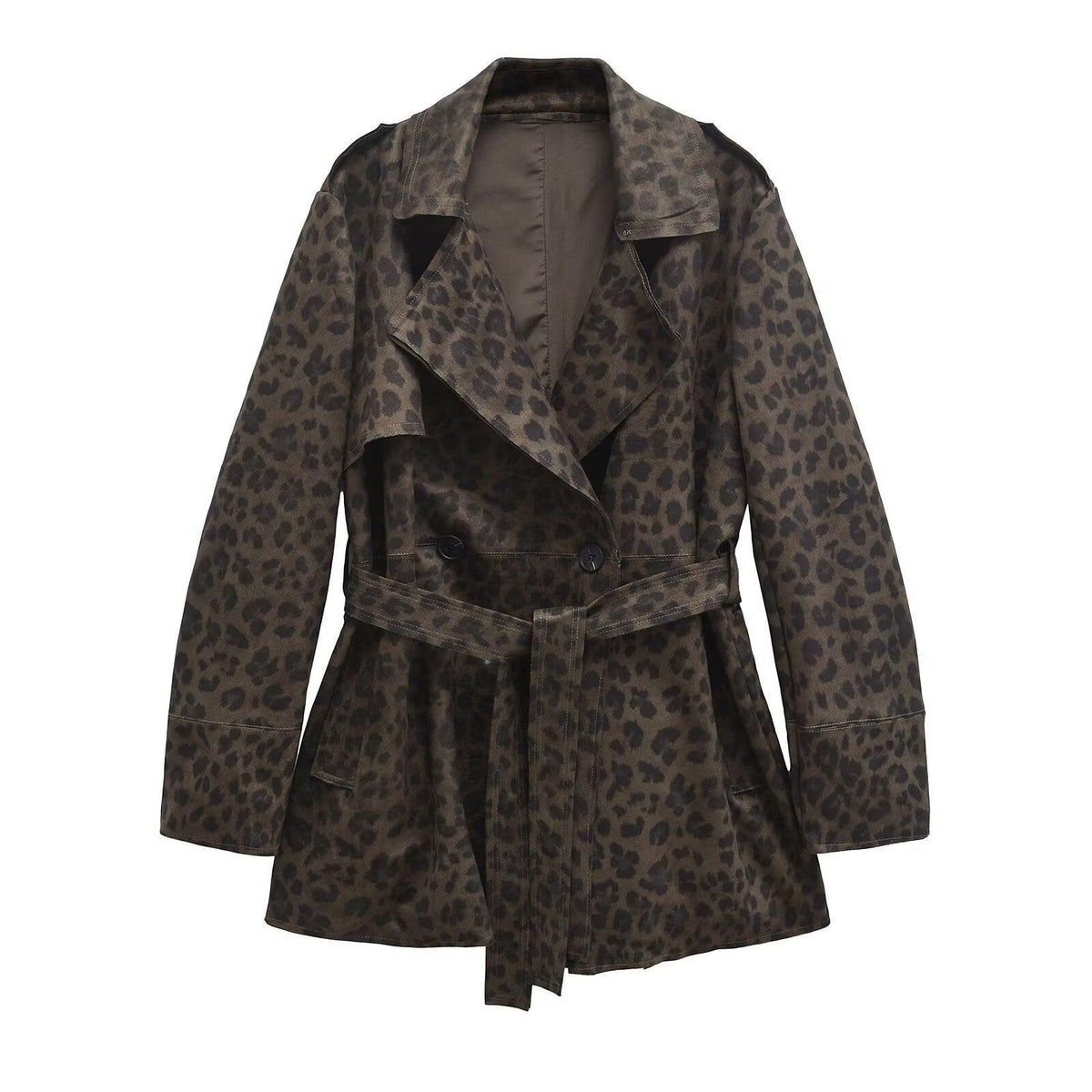 Women's Leopard Print Lapel Closing Belt Long Sleeve Coat - WOMONA.COM