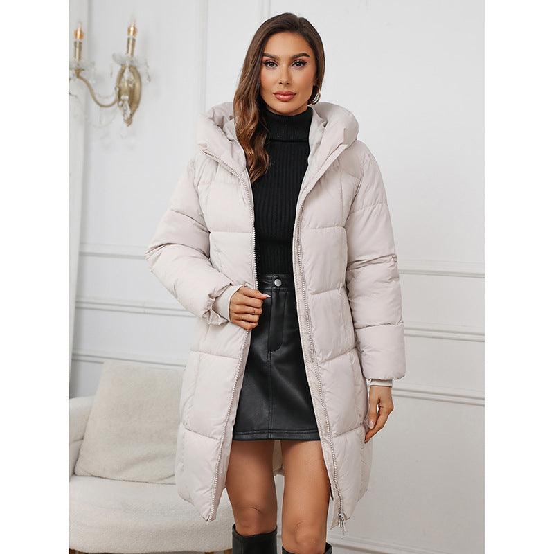 Light gray hooded puffer coat with quilted insulation and front zipper