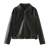 Solid Color Square Collar Leather Jacket Coat - WOMONA.COM