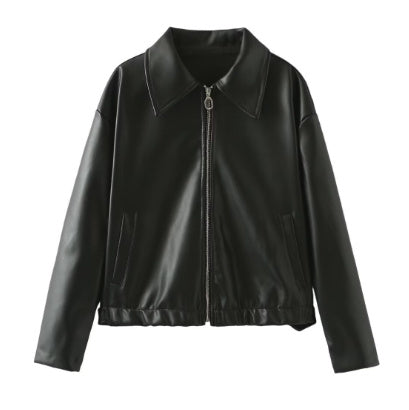 Solid Color Square Collar Leather Jacket Coat - WOMONA.COM