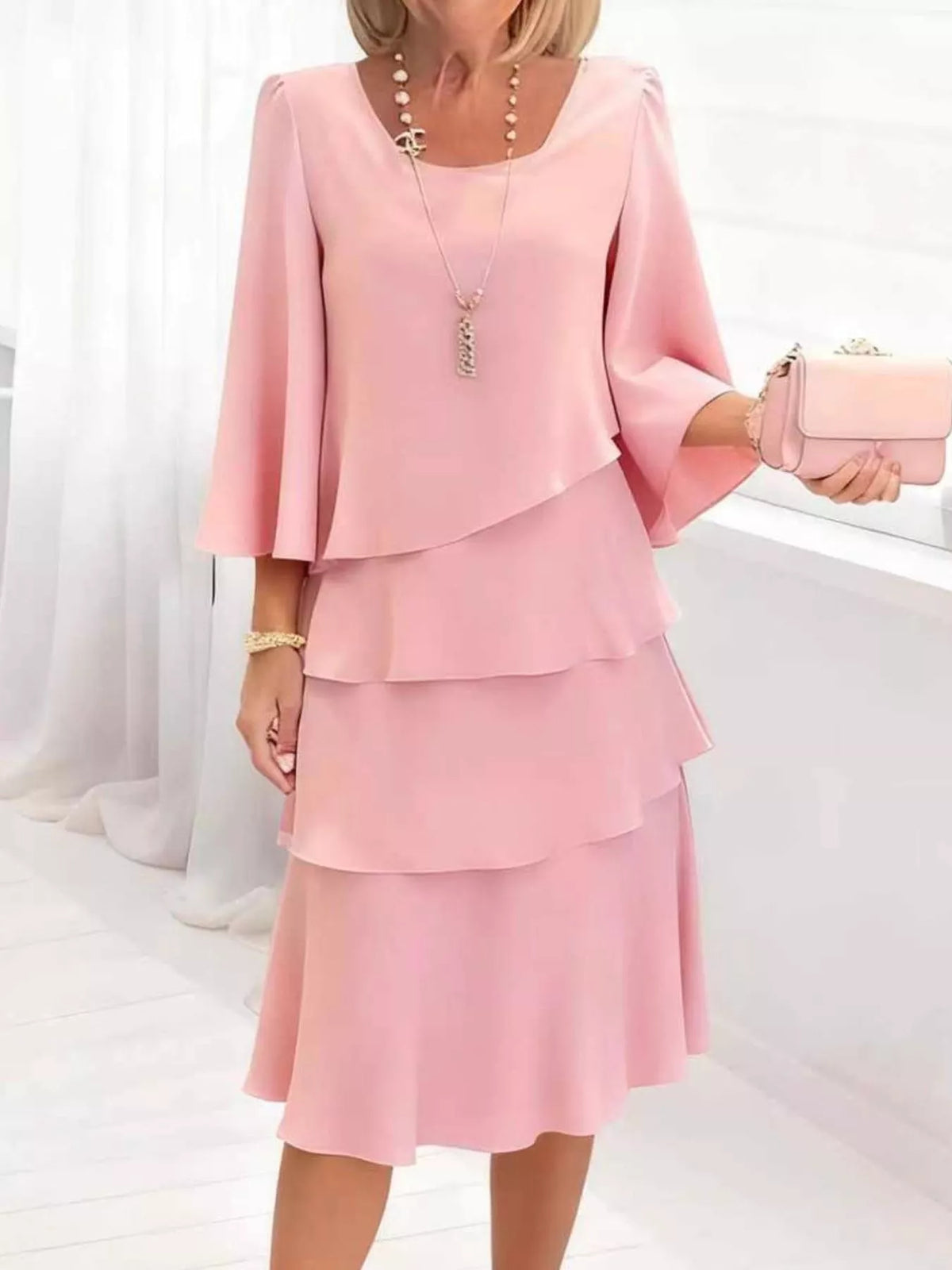 Women's Ruffled Layered 3/4 Sleeve Dress – Plus Size