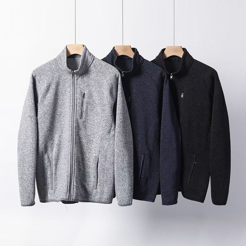 Men's knit fleece zip jacket set with gray, navy, and black, standing collar
