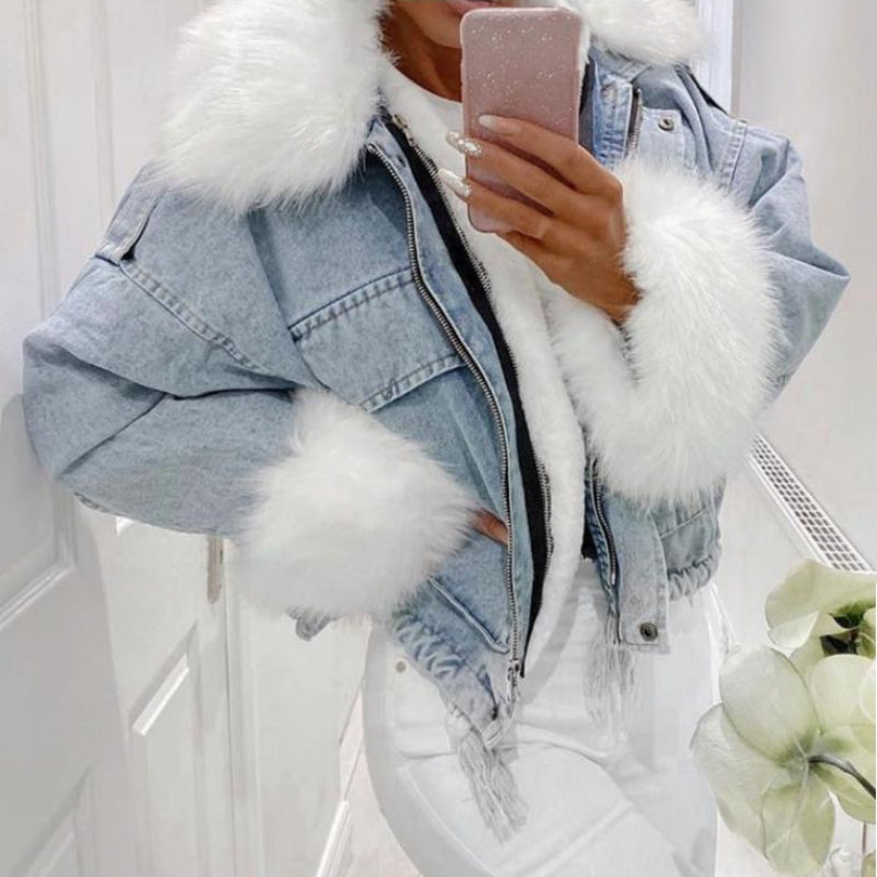 Women's Washed Short Denim-Look Jacket with Faux Fur