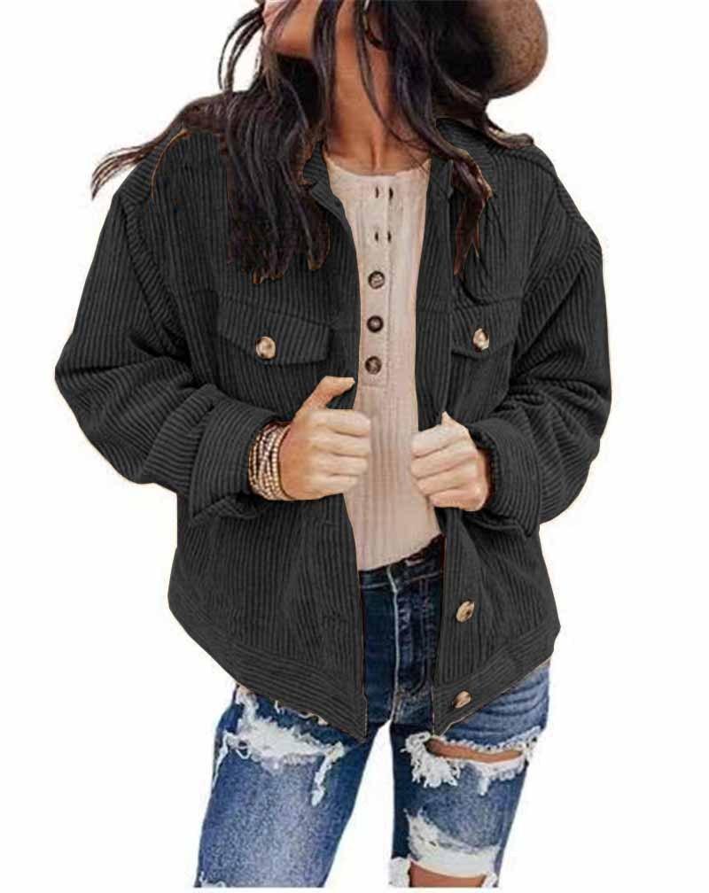 Women's solid color jacket in black, button front with chest pockets and snap cuffs