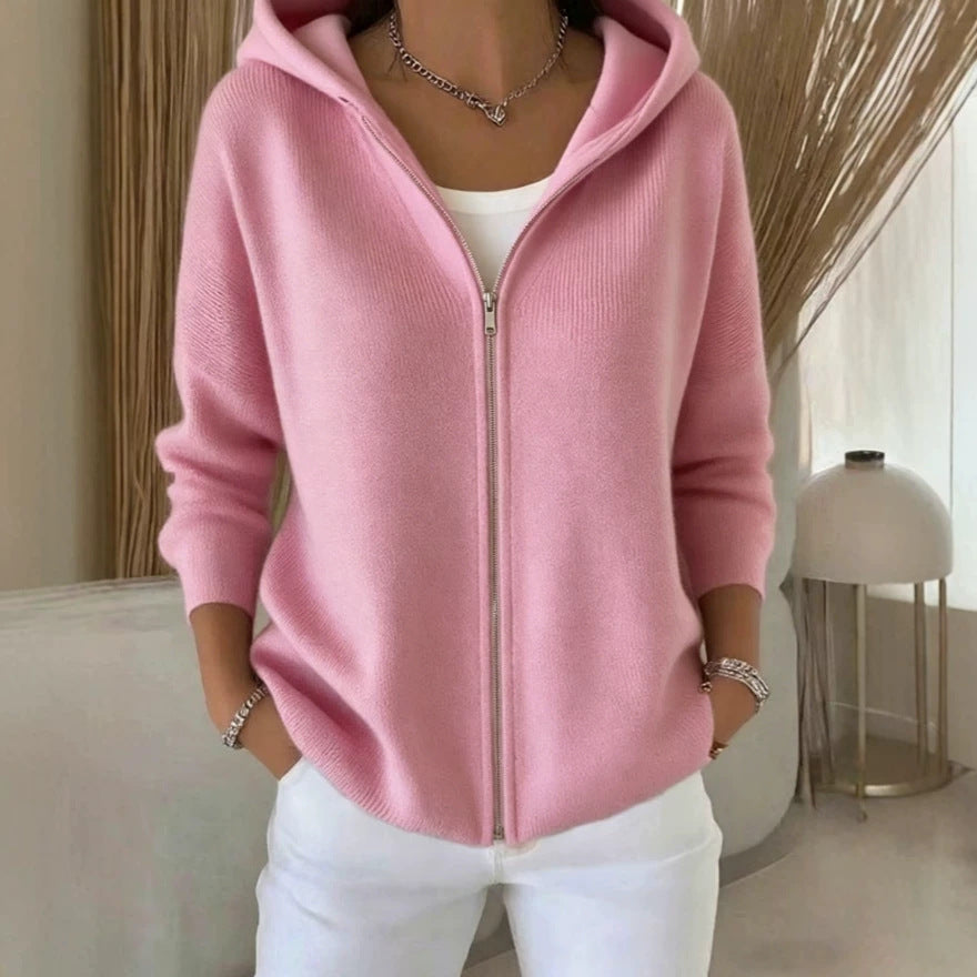 Women's Cotton Hooded Zip Cardigan, Pink - product view 1