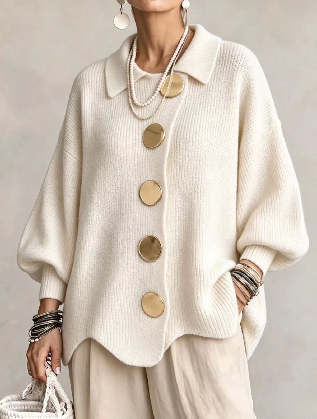 Women's lapel button-detail knit top