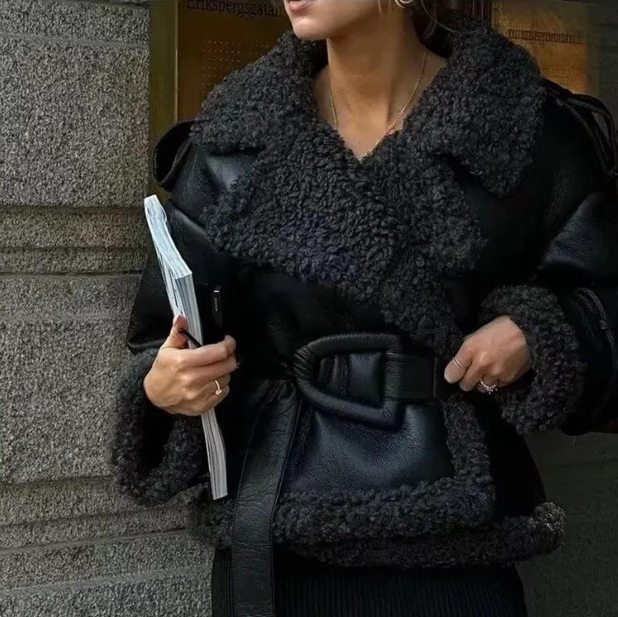 Women’s dark shearling-trim coat with square collar and button front