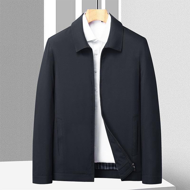 Men's business casual jacket in dark navy, lapel collar, front zipper, chest pockets