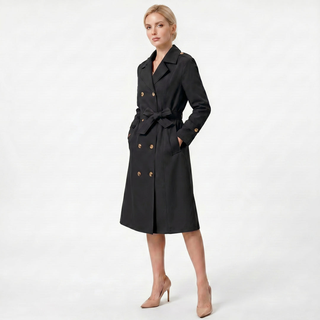 Women's long waist-cinching double-breasted trench coat