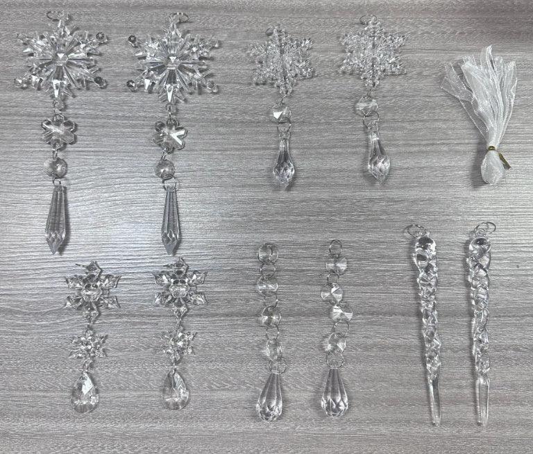 10-pack clear hanging icicle-style ornaments with snowflake and cone tips