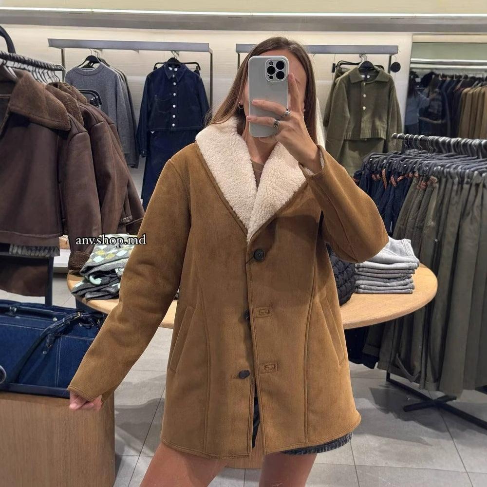 Women’s light brown shearling-trim overcoat with notched collar and button front