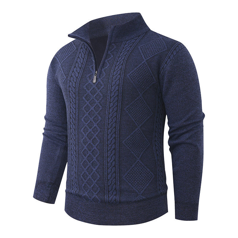 Men's Quarter Zip Stand Collar Diamond Jacquard Knit Sweater Fleece Lined Warm Pullover Autumn Winter Business Casual Top