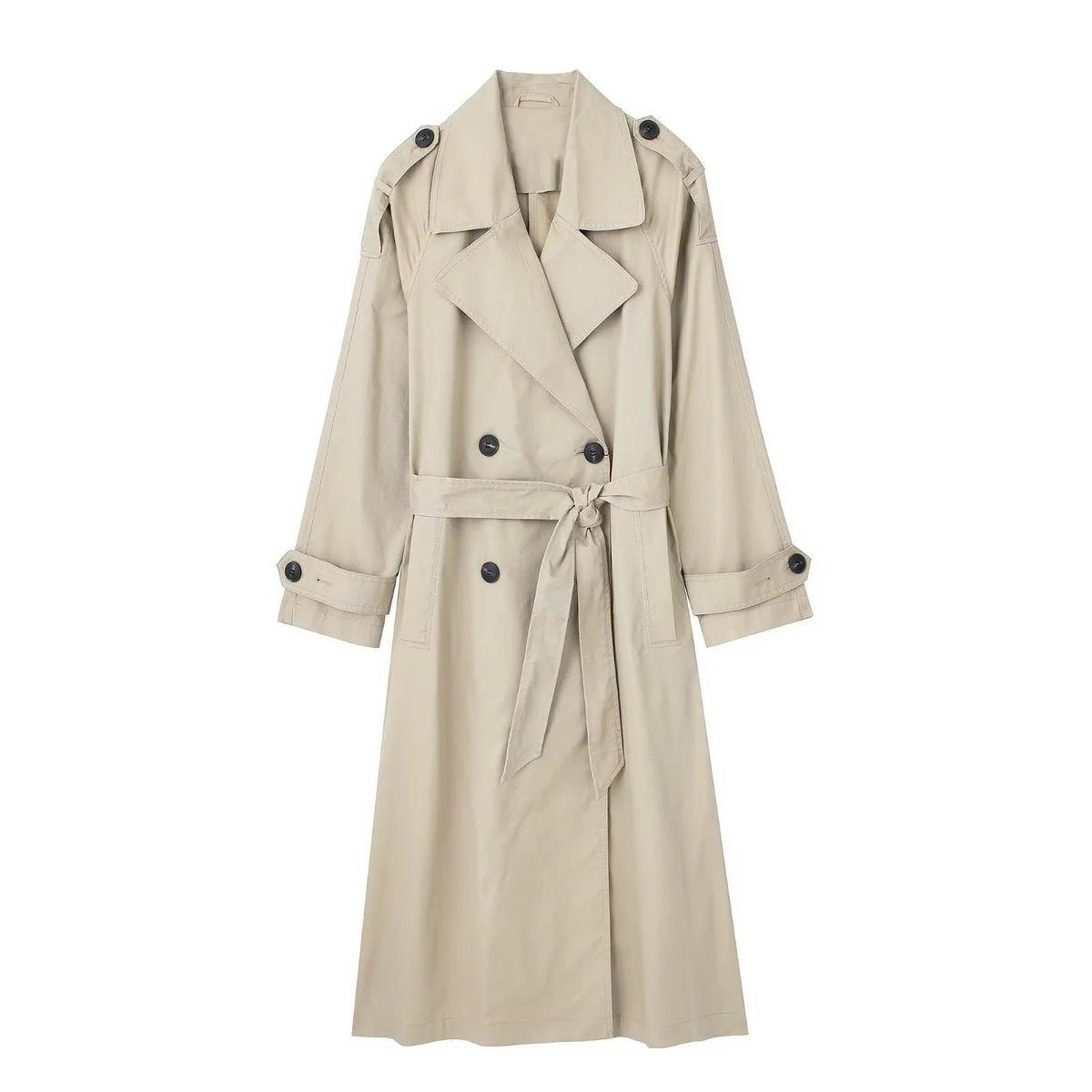Light tan double-breasted trench coat with lapels and self-tie belt, button front.