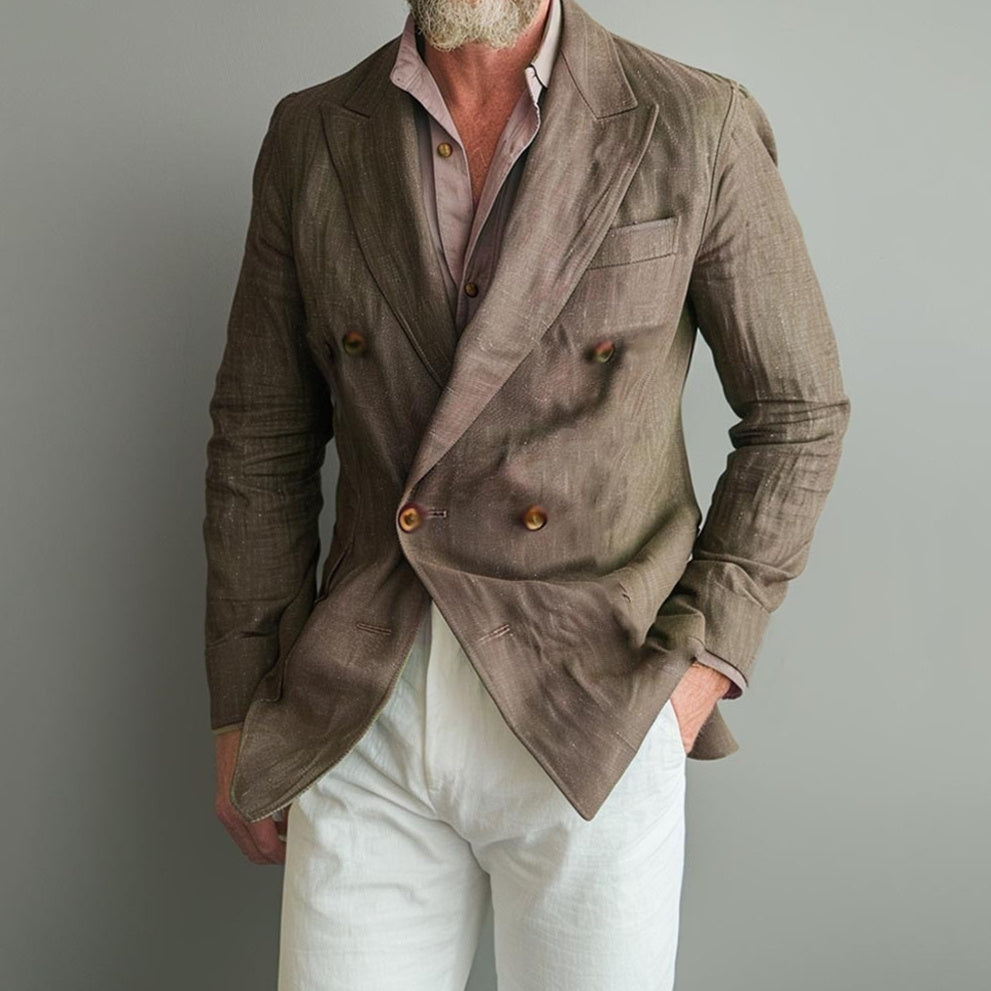 Men's olive-green double-breasted suit jacket with notched lapels and chest pocket.