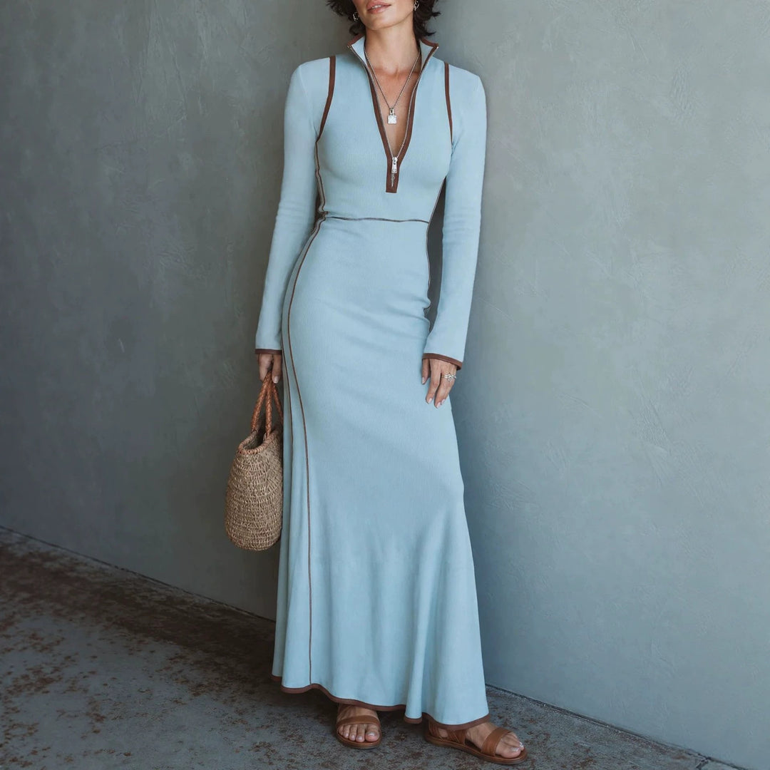 Women’s sky-blue long-sleeve maxi dress with V-neck and fitted waist