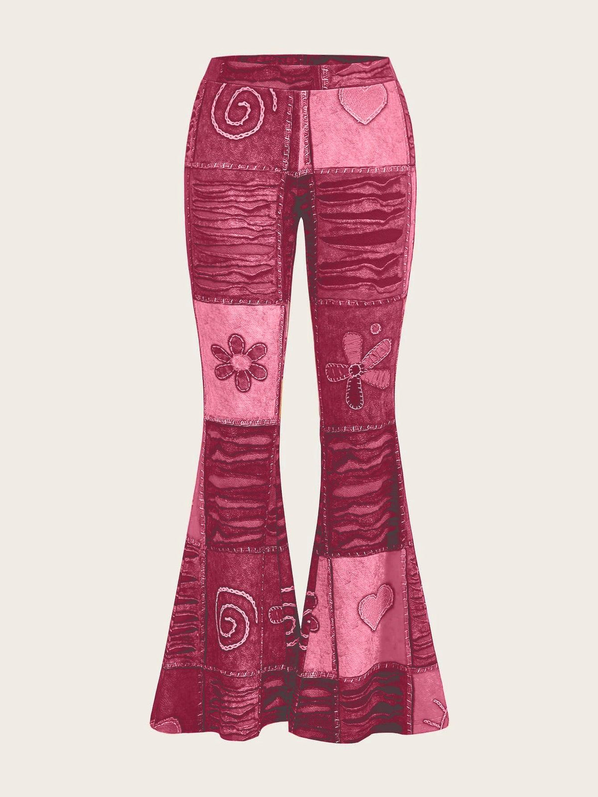 Patchwork bootcut pants in magenta with hearts, swirls, bows, and zebra stripe panels