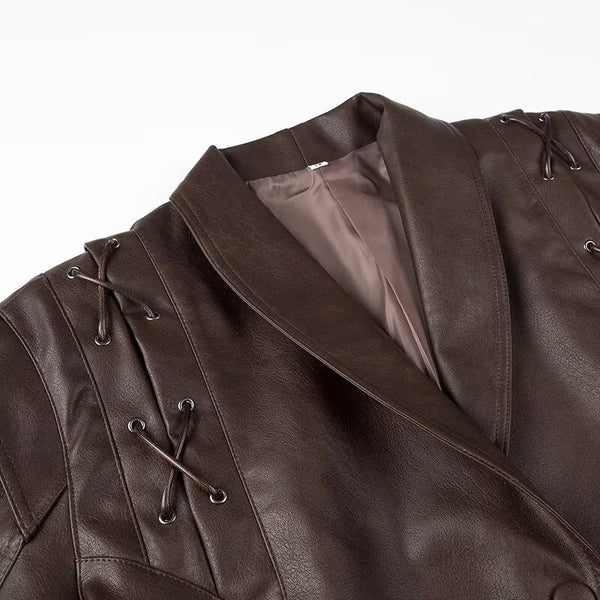 Coffee Brown Lace-up Loose Casual Leather Clothing Coat