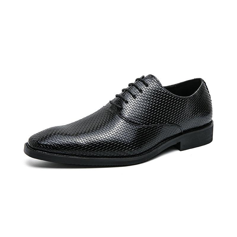 Men's black textured leather lace-up oxford shoe with rounded toe and flat sole