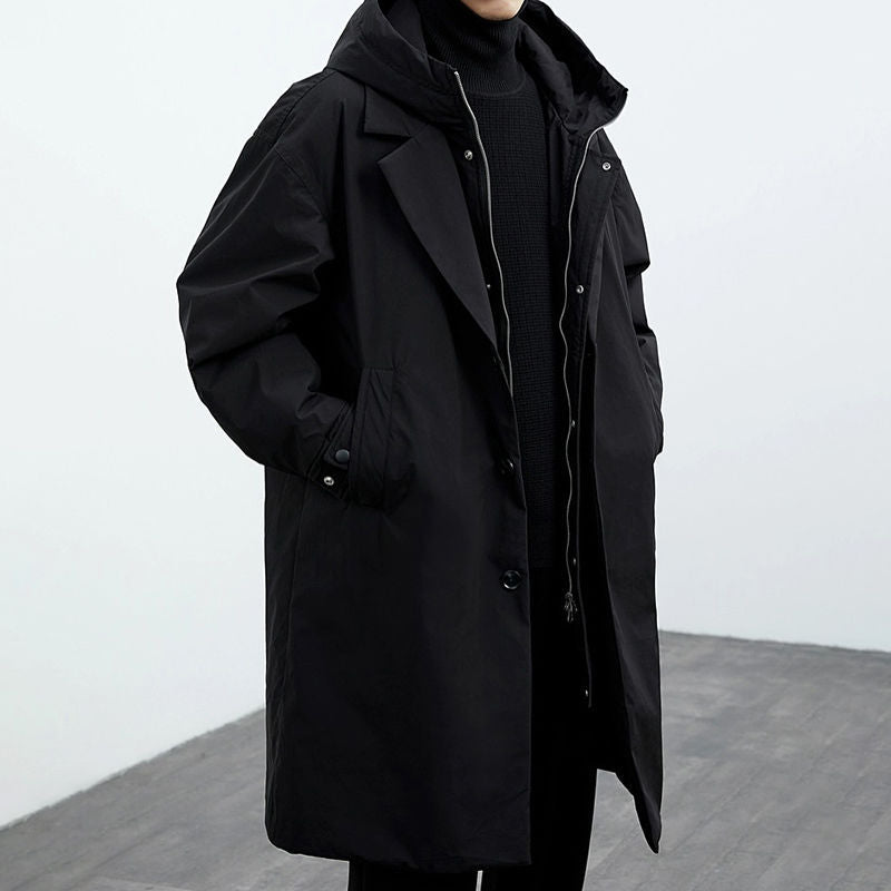 Men's mid-length hooded trench coat, black, button front, side flap pockets