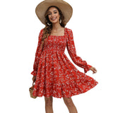 Spring And Summer Floral Long Sleeve Mid-length Dress - WOMONA.COM