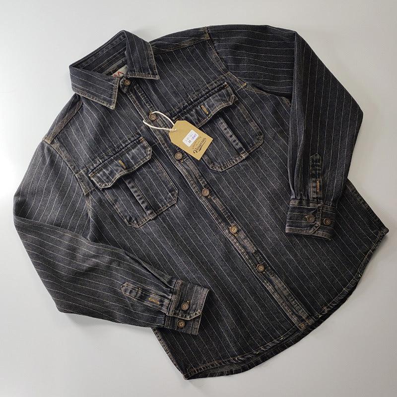 Washed denim shirt for men, dark charcoal with pinstripes and flap chest pockets