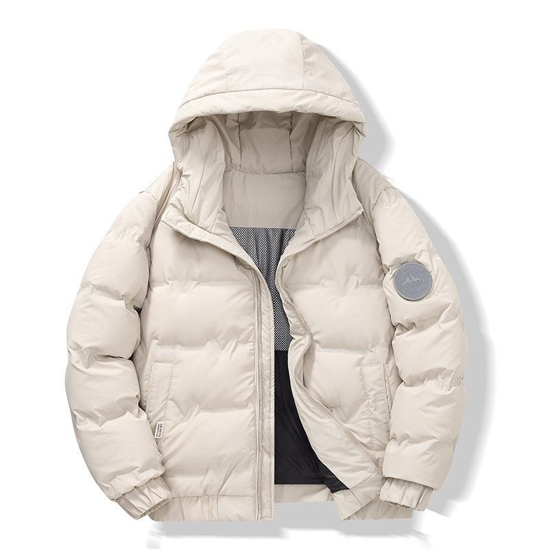 Men's short winter puffer coat, off-white, hooded front with quilted insulation