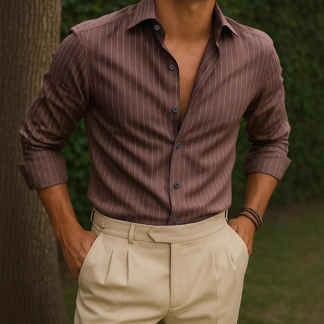 Mens striped button-up shirt, brown with white pinstripes, dark button front