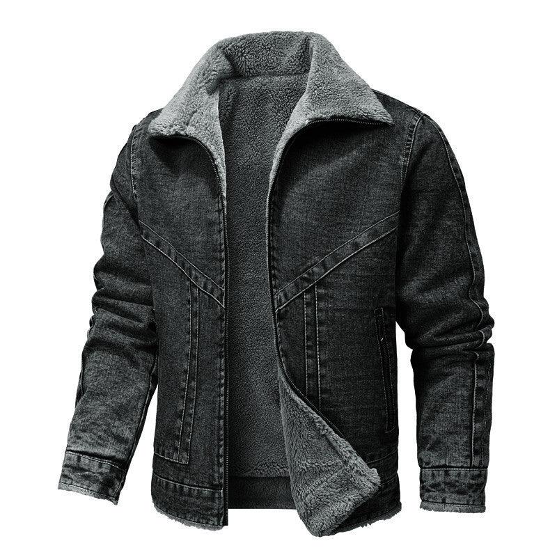 Gray-wash denim loose jacket with diagonal seam detail and gray fleece lining