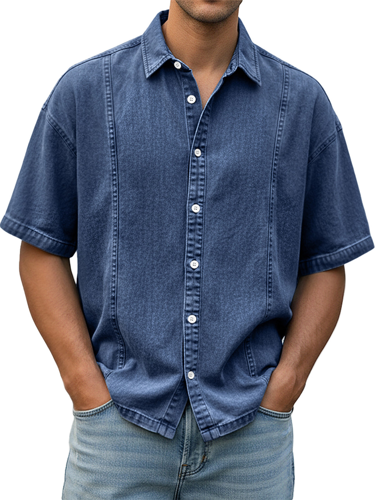Men's short-sleeve button-up shirt, medium blue wash with white buttons