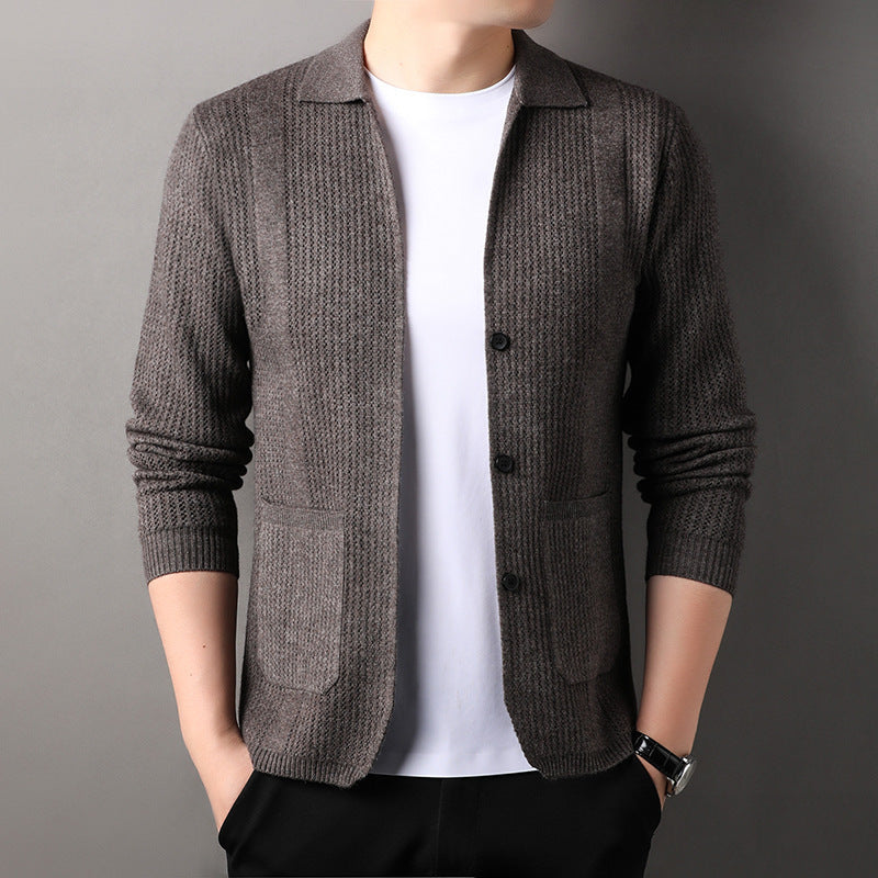 Pure Color Knitted Cardigan For Young Men Korean Style Sweater Lapel