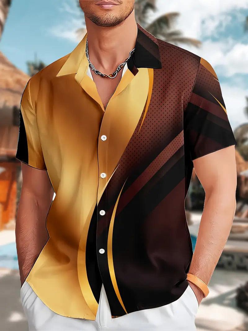 Short sleeve shirt with geometric panels, tan front and dark side panels with yellow trim