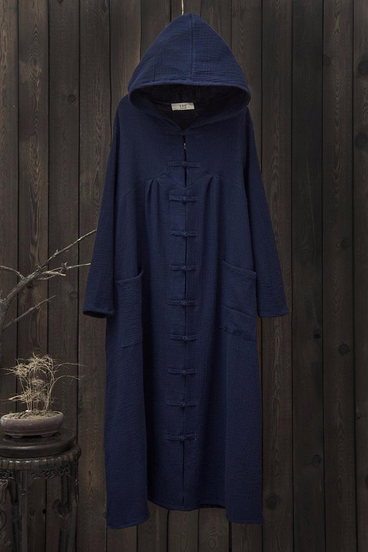 Navy hooded cloak robe overcoat with long sleeves and toggle-style front closures