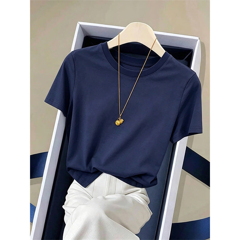 Women’s crewneck short-sleeve T-shirt in navy blue with draped neckline detail