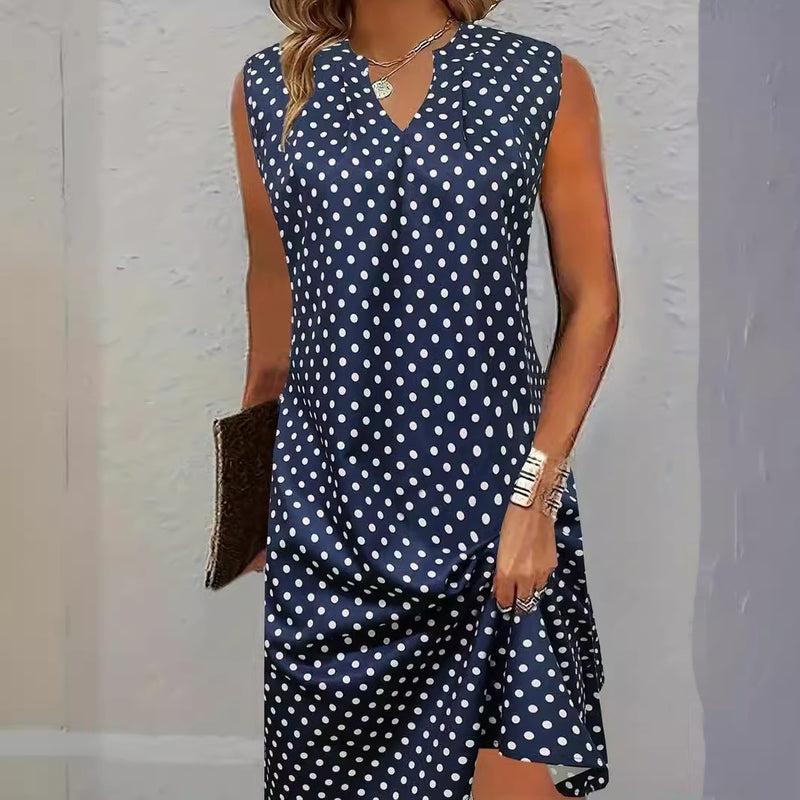 Polka Dot Printed V-neck Vest Dress - WOMONA.COM