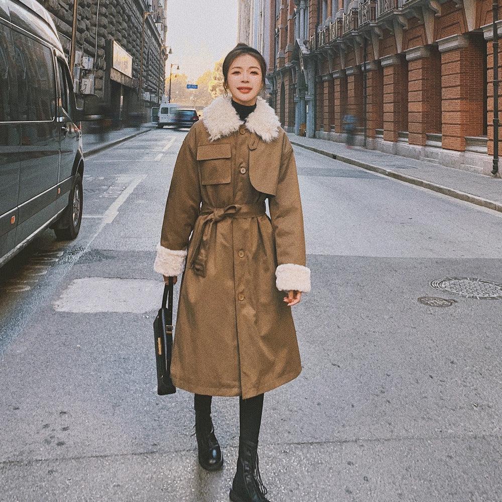 Caramel cotton-padded waist jacket with faux fur sherpa collar and button front