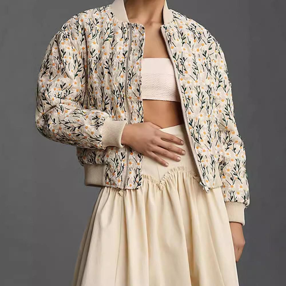 Beige daisy-print zip-up jacket with ribbed cuffs and hem, front zipper.