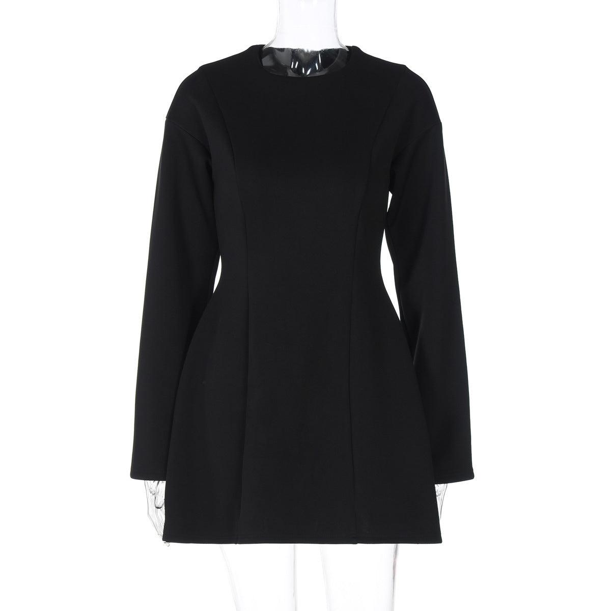 Black round-neck long-sleeve zip-back mini dress with smooth A-line silhouette